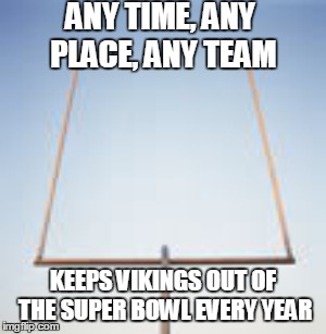 ANY TIME, ANY PLACE, ANY TEAM; KEEPS VIKINGS OUT OF THE SUPER BOWL EVERY YEAR | image tagged in vikings,football,goal post,funny | made w/ Imgflip meme maker