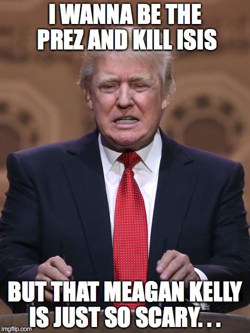 Donald Trump | I WANNA BE THE PREZ AND KILL ISIS; BUT THAT MEAGAN KELLY IS JUST SO SCARY. . . | image tagged in donald trump | made w/ Imgflip meme maker