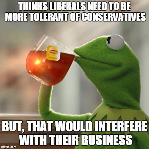 liberals practice tolerance toward everyone but Conservatives |  THINKS LIBERALS NEED TO BE MORE TOLERANT OF CONSERVATIVES; BUT, THAT WOULD INTERFERE WITH THEIR BUSINESS | image tagged in memes,but thats none of my business,kermit the frog,liberal vs conservative | made w/ Imgflip meme maker