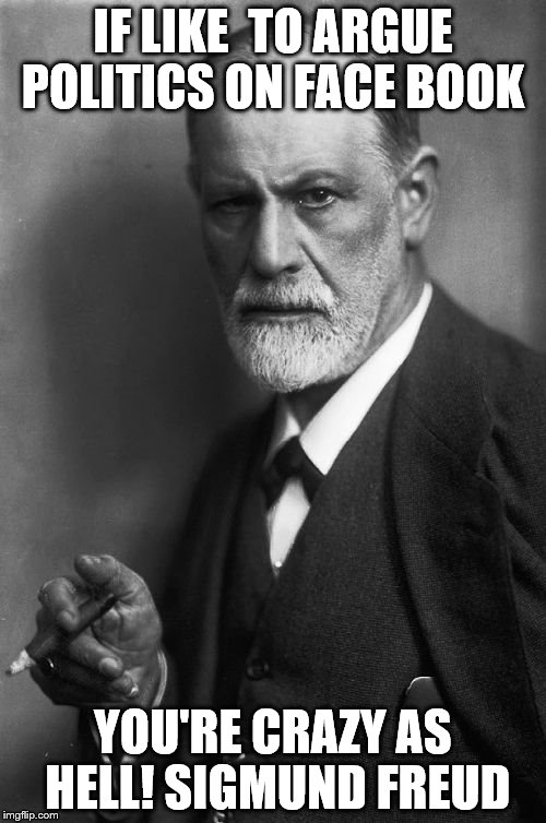 Sigmund Freud Meme | IF LIKE  TO ARGUE POLITICS ON FACE BOOK; YOU'RE CRAZY AS HELL! SIGMUND FREUD | image tagged in memes,sigmund freud | made w/ Imgflip meme maker