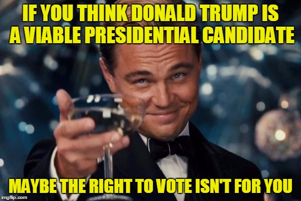 Maybe you should just sit this one out | IF YOU THINK DONALD TRUMP IS A VIABLE PRESIDENTIAL CANDIDATE; MAYBE THE RIGHT TO VOTE ISN'T FOR YOU | image tagged in memes,leonardo dicaprio cheers,political,trump 2016,election 2016 | made w/ Imgflip meme maker