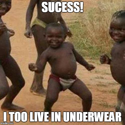 SUCESS! I TOO LIVE IN UNDERWEAR | image tagged in memes,third world success kid | made w/ Imgflip meme maker