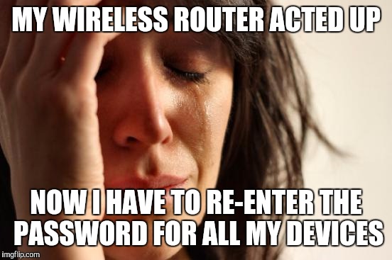 First World Problems | MY WIRELESS ROUTER ACTED UP; NOW I HAVE TO RE-ENTER THE PASSWORD FOR ALL MY DEVICES | image tagged in memes,first world problems | made w/ Imgflip meme maker