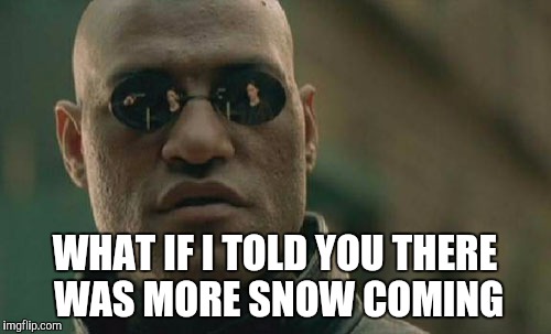 Matrix Morpheus | WHAT IF I TOLD YOU THERE WAS MORE SNOW COMING | image tagged in memes,matrix morpheus,blizzard,snow storm | made w/ Imgflip meme maker