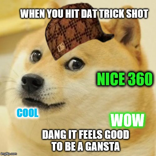 Doge | WHEN YOU HIT DAT TRICK SHOT; NICE 360; COOL; WOW; DANG IT FEELS GOOD TO BE A GANSTA | image tagged in memes,doge,scumbag | made w/ Imgflip meme maker