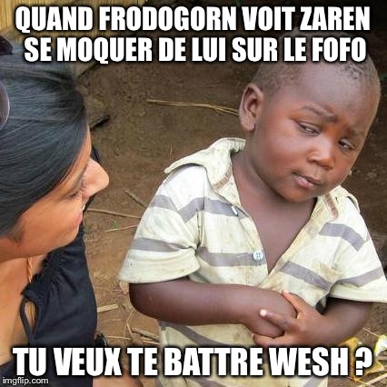 Third World Skeptical Kid Meme | QUAND FRODOGORN VOIT ZAREN SE MOQUER DE LUI SUR LE FOFO; TU VEUX TE BATTRE WESH ? | image tagged in memes,third world skeptical kid | made w/ Imgflip meme maker