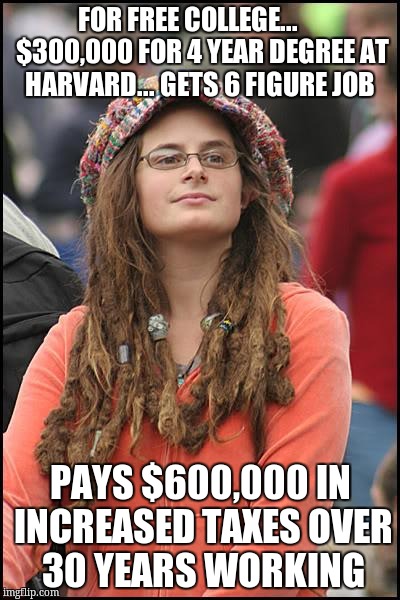College Liberal Meme | FOR FREE COLLEGE...      $300,000 FOR 4 YEAR DEGREE AT HARVARD... GETS 6 FIGURE JOB; PAYS $600,000 IN INCREASED TAXES OVER 30 YEARS WORKING | image tagged in memes,college liberal | made w/ Imgflip meme maker