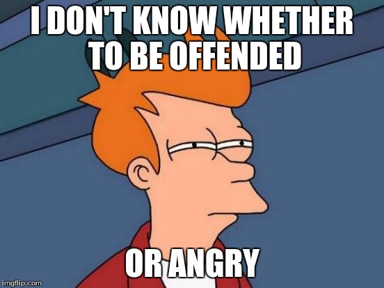I DON'T KNOW WHETHER TO BE OFFENDED OR ANGRY | image tagged in memes,futurama fry | made w/ Imgflip meme maker