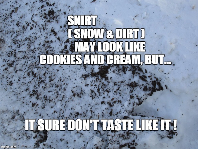 SNIRT                        ( SNOW & DIRT )             MAY LOOK LIKE       COOKIES AND CREAM, BUT... IT SURE DON'T TASTE LIKE IT ! | image tagged in snirt | made w/ Imgflip meme maker