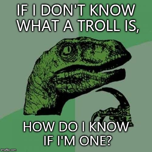 I might have been told what it is once. But I don't remember so... | IF I DON'T KNOW WHAT A TROLL IS, HOW DO I KNOW IF I'M ONE? | image tagged in memes,philosoraptor | made w/ Imgflip meme maker