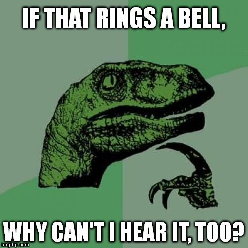 Philosoraptor | IF THAT RINGS A BELL, WHY CAN'T I HEAR IT, TOO? | image tagged in memes,philosoraptor | made w/ Imgflip meme maker