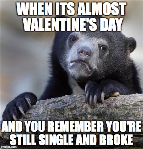 Confession Bear Meme | WHEN ITS ALMOST VALENTINE'S DAY; AND YOU REMEMBER YOU'RE STILL SINGLE AND BROKE | image tagged in memes,confession bear | made w/ Imgflip meme maker