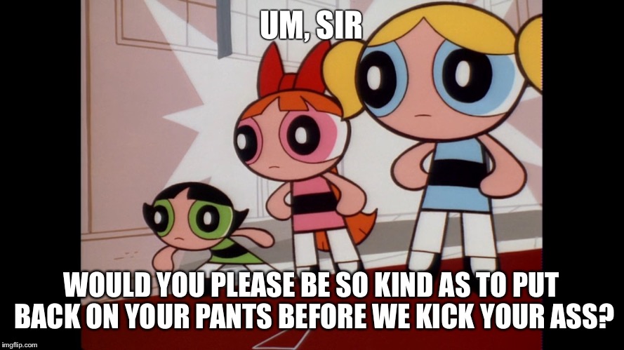 Powerpuff girls wat... | UM, SIR; WOULD YOU PLEASE BE SO KIND AS TO PUT BACK ON YOUR PANTS BEFORE WE KICK YOUR ASS? | image tagged in powerpuff girls wat | made w/ Imgflip meme maker