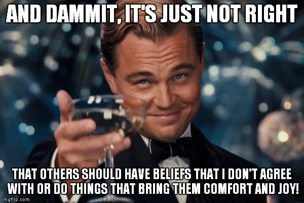 Leonardo Dicaprio Cheers Meme | AND DAMMIT, IT'S JUST NOT RIGHT THAT OTHERS SHOULD HAVE BELIEFS THAT I DON'T AGREE WITH OR DO THINGS THAT BRING THEM COMFORT AND JOY! | image tagged in memes,leonardo dicaprio cheers | made w/ Imgflip meme maker