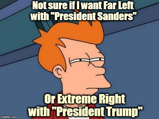 Futurama Fry | Not sure if I want Far Left with "President Sanders"; Or Extreme Right with "President Trump" | image tagged in memes,futurama fry | made w/ Imgflip meme maker