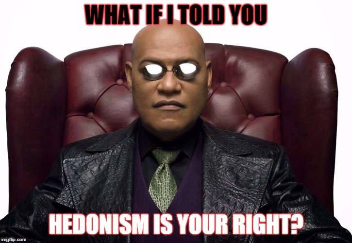 Morpheus Hedonism | WHAT IF I TOLD YOU; HEDONISM IS YOUR RIGHT? | image tagged in matrix morpheus | made w/ Imgflip meme maker