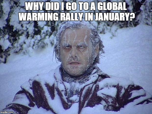Jack Nicholson The Shining Snow Meme | WHY DID I GO TO A GLOBAL WARMING RALLY IN JANUARY? | image tagged in memes,jack nicholson the shining snow | made w/ Imgflip meme maker
