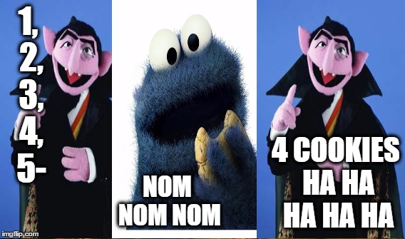 Sesame Street Math | 1, 2, 3, 4, 5-; 4 COOKIES HA HA HA HA HA; NOM NOM NOM | image tagged in memes,one does not simply,the count,cookie monster,math | made w/ Imgflip meme maker