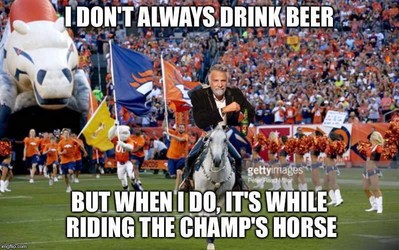 Broncos got this! | I DON'T ALWAYS DRINK BEER; BUT WHEN I DO, IT'S WHILE RIDING THE CHAMP'S HORSE | image tagged in the most interesting man in the world | made w/ Imgflip meme maker