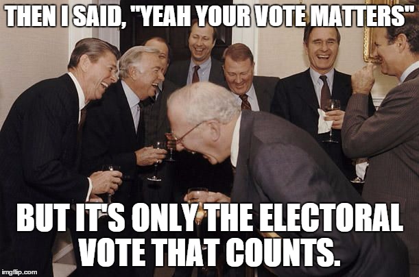 Old Men laughing | THEN I SAID, "YEAH YOUR VOTE MATTERS"; BUT IT'S ONLY THE ELECTORAL VOTE THAT COUNTS. | image tagged in old men laughing | made w/ Imgflip meme maker
