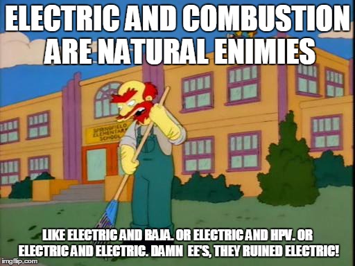 Groundkeeper Willie | ELECTRIC AND COMBUSTION ARE NATURAL ENIMIES; LIKE ELECTRIC AND BAJA. OR ELECTRIC AND HPV. OR ELECTRIC AND ELECTRIC. DAMN  EE'S, THEY RUINED ELECTRIC! | image tagged in groundkeeper willie | made w/ Imgflip meme maker