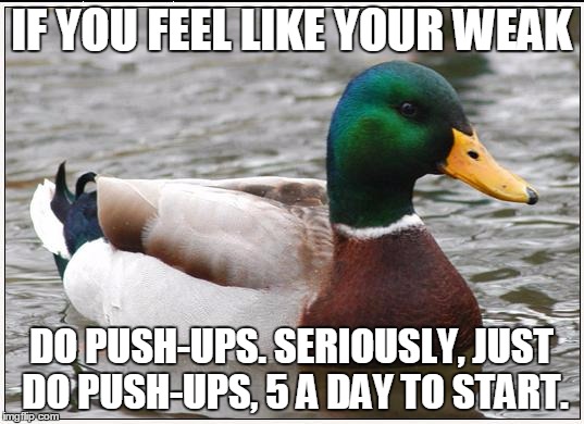 Actual Advice Mallard |  IF YOU FEEL LIKE YOUR WEAK; DO PUSH-UPS. SERIOUSLY, JUST DO PUSH-UPS, 5 A DAY TO START. | image tagged in memes,actual advice mallard | made w/ Imgflip meme maker