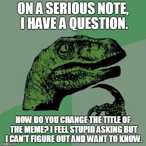 Philosoraptor | ON A SERIOUS NOTE, I HAVE A QUESTION. HOW DO YOU CHANGE THE TITLE OF THE MEME? I FEEL STUPID ASKING BUT I CAN'T FIGURE OUT AND WANT TO KNOW. | image tagged in memes,philosoraptor | made w/ Imgflip meme maker