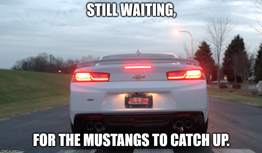 camaro | STILL WAITING, FOR THE MUSTANGS TO CATCH UP. | image tagged in camaro | made w/ Imgflip meme maker