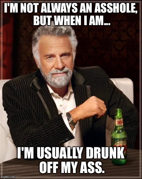 Assholes Are Shit | I'M NOT ALWAYS AN ASSHOLE, BUT WHEN I AM... I'M USUALLY DRUNK OFF MY ASS. | image tagged in memes,the most interesting man in the world,dosequis,dosequismemes,assholes | made w/ Imgflip meme maker