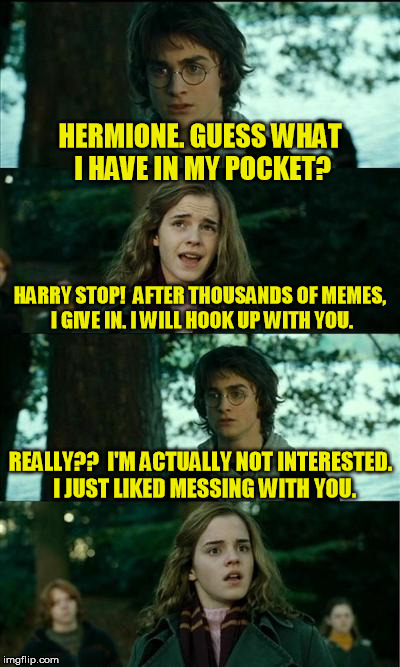 Horny Harry Meme | HERMIONE. GUESS WHAT I HAVE IN MY POCKET? HARRY STOP!  AFTER THOUSANDS OF MEMES, I GIVE IN. I WILL HOOK UP WITH YOU. REALLY??  I'M ACTUALLY NOT INTERESTED.  I JUST LIKED MESSING WITH YOU. | image tagged in memes,horny harry | made w/ Imgflip meme maker