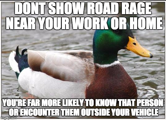 Actual Advice Mallard Meme | DONT SHOW ROAD RAGE NEAR YOUR WORK OR HOME; YOU'RE FAR MORE LIKELY TO KNOW THAT PERSON OR ENCOUNTER THEM OUTSIDE YOUR VEHICLE | image tagged in memes,actual advice mallard,AdviceAnimals | made w/ Imgflip meme maker