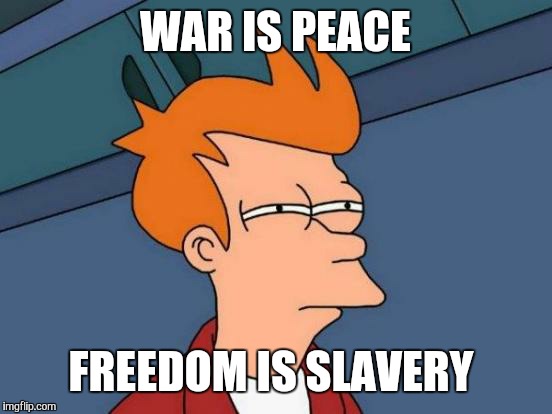Futurama Fry Meme | WAR IS PEACE FREEDOM IS SLAVERY | image tagged in memes,futurama fry | made w/ Imgflip meme maker