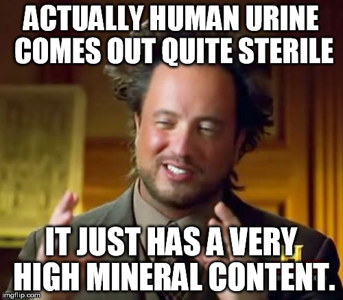 Ancient Aliens Meme | ACTUALLY HUMAN URINE COMES OUT QUITE STERILE IT JUST HAS A VERY HIGH MINERAL CONTENT. | image tagged in memes,ancient aliens | made w/ Imgflip meme maker