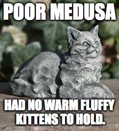 Medusa's Kitten | POOR MEDUSA; HAD NO WARM FLUFFY KITTENS TO HOLD. | image tagged in cats,medusa | made w/ Imgflip meme maker