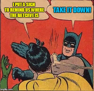 Batman Slapping Robin Meme | I PUT A SIGN TO REMIND US WHERE THE BATCAVE IS TAKE IT DOWN! | image tagged in memes,batman slapping robin | made w/ Imgflip meme maker