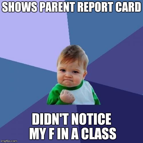 Success Kid | SHOWS PARENT REPORT CARD; DIDN'T NOTICE MY F IN A CLASS | image tagged in memes,success kid | made w/ Imgflip meme maker