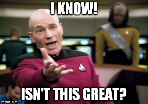 Picard Wtf Meme | I KNOW! ISN'T THIS GREAT? | image tagged in memes,picard wtf | made w/ Imgflip meme maker