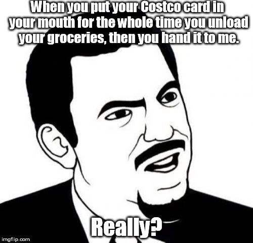 Seriously Face | When you put your Costco card in your mouth for the whole time you unload your groceries, then you hand it to me. Really? | image tagged in memes,seriously face | made w/ Imgflip meme maker
