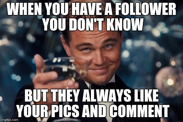 Leonardo Dicaprio Cheers | WHEN YOU HAVE A FOLLOWER YOU DON'T KNOW; BUT THEY ALWAYS LIKE YOUR PICS AND COMMENT | image tagged in memes,leonardo dicaprio cheers | made w/ Imgflip meme maker