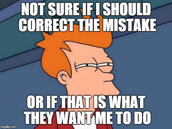 NOT SURE IF I SHOULD CORRECT THE MISTAKE OR IF THAT IS WHAT THEY WANT ME TO DO | image tagged in memes,futurama fry | made w/ Imgflip meme maker