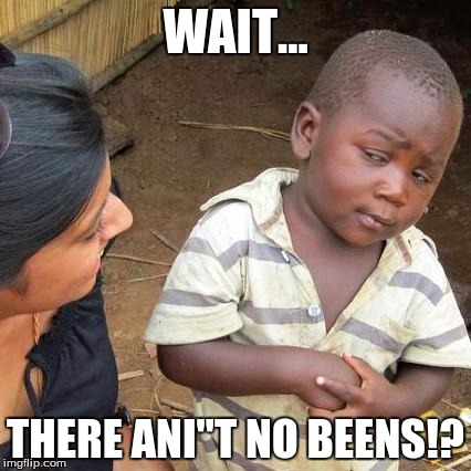 Third World Skeptical Kid | WAIT... THERE ANI"T NO BEENS!? | image tagged in memes,third world skeptical kid | made w/ Imgflip meme maker