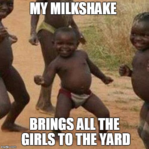 Third World Success Kid | MY MILKSHAKE; BRINGS ALL THE GIRLS TO THE YARD | image tagged in memes,third world success kid | made w/ Imgflip meme maker