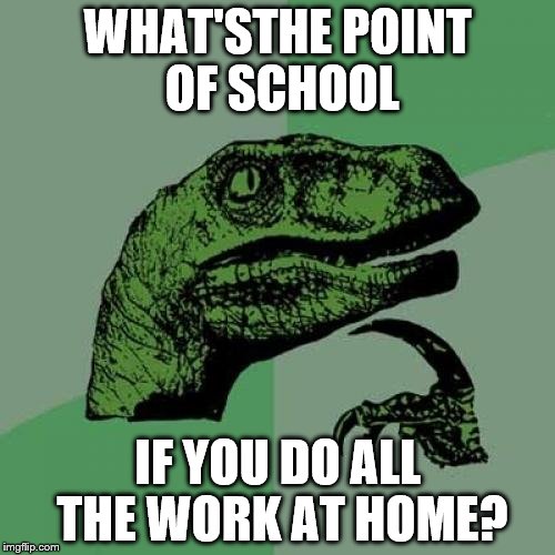 Philoschoolraptor | WHAT'STHE POINT OF SCHOOL; IF YOU DO ALL THE WORK AT HOME? | image tagged in memes,philosoraptor,funny | made w/ Imgflip meme maker