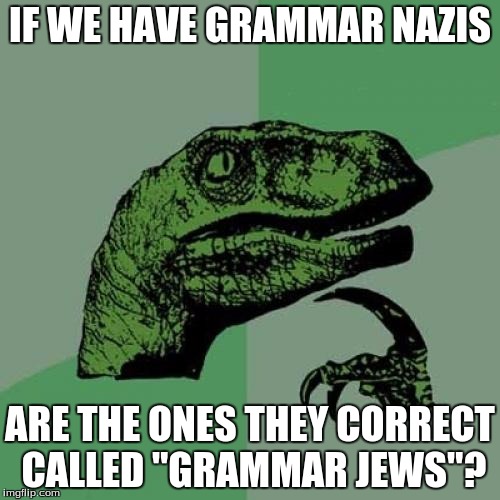 I hope there aren't any grammar mistakes in this meme! | IF WE HAVE GRAMMAR NAZIS; ARE THE ONES THEY CORRECT CALLED "GRAMMAR JEWS"? | image tagged in memes,philosoraptor | made w/ Imgflip meme maker