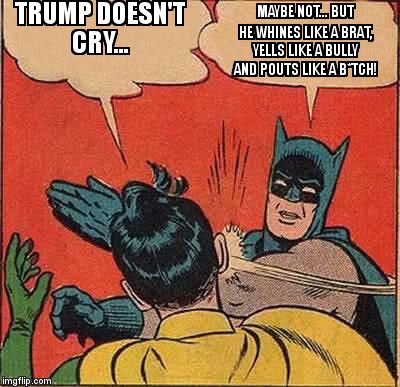 Batman Slapping Robin Meme | TRUMP DOESN'T CRY... MAYBE NOT... BUT HE WHINES LIKE A BRAT, YELLS LIKE A BULLY AND POUTS LIKE A B*TCH! | image tagged in memes,batman slapping robin | made w/ Imgflip meme maker
