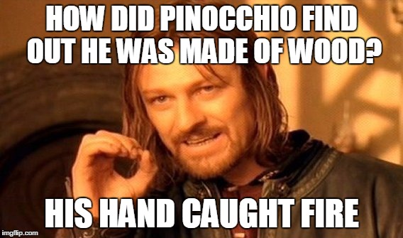 One Does Not Simply Meme | HOW DID PINOCCHIO FIND OUT HE WAS MADE OF WOOD? HIS HAND CAUGHT FIRE | image tagged in memes,one does not simply | made w/ Imgflip meme maker