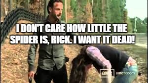 I want it dead! | I DON'T CARE HOW LITTLE THE SPIDER IS, RICK. I WANT IT DEAD! | image tagged in rick and lori,the walking dead,funny memes,spider | made w/ Imgflip meme maker