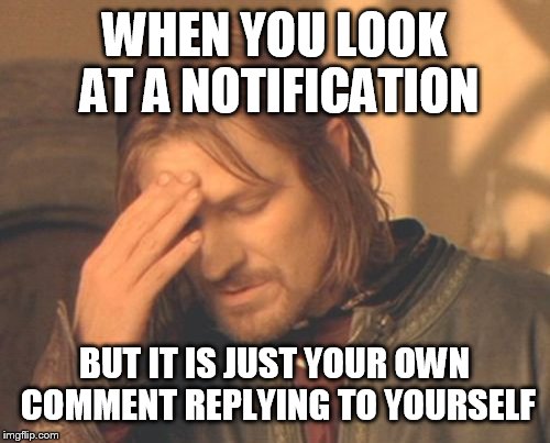 Frustrated Boromir Meme | WHEN YOU LOOK AT A NOTIFICATION; BUT IT IS JUST YOUR OWN COMMENT REPLYING TO YOURSELF | image tagged in memes,frustrated boromir | made w/ Imgflip meme maker