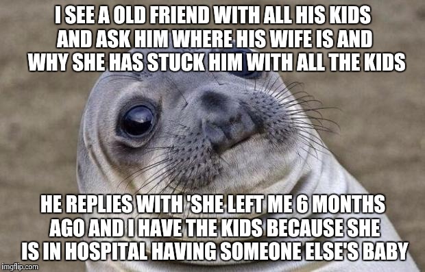 Awkward Moment Sealion | I SEE A OLD FRIEND WITH ALL HIS KIDS AND ASK HIM WHERE HIS WIFE IS AND  WHY SHE HAS STUCK HIM WITH ALL THE KIDS; HE REPLIES WITH 'SHE LEFT ME 6 MONTHS AGO AND I HAVE THE KIDS BECAUSE SHE IS IN HOSPITAL HAVING SOMEONE ELSE'S BABY | image tagged in memes,awkward moment sealion,AdviceAnimals | made w/ Imgflip meme maker