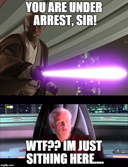 Windu "arresting" Sidious... | YOU ARE UNDER ARREST, SIR! WTF?? IM JUST SITHING HERE.... | image tagged in mace windu,darth sidious,senate | made w/ Imgflip meme maker